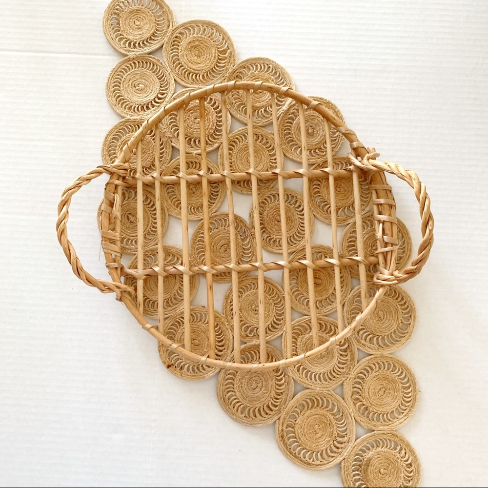 Boho Modern Rattan Openwork Round Tray w/ Handles